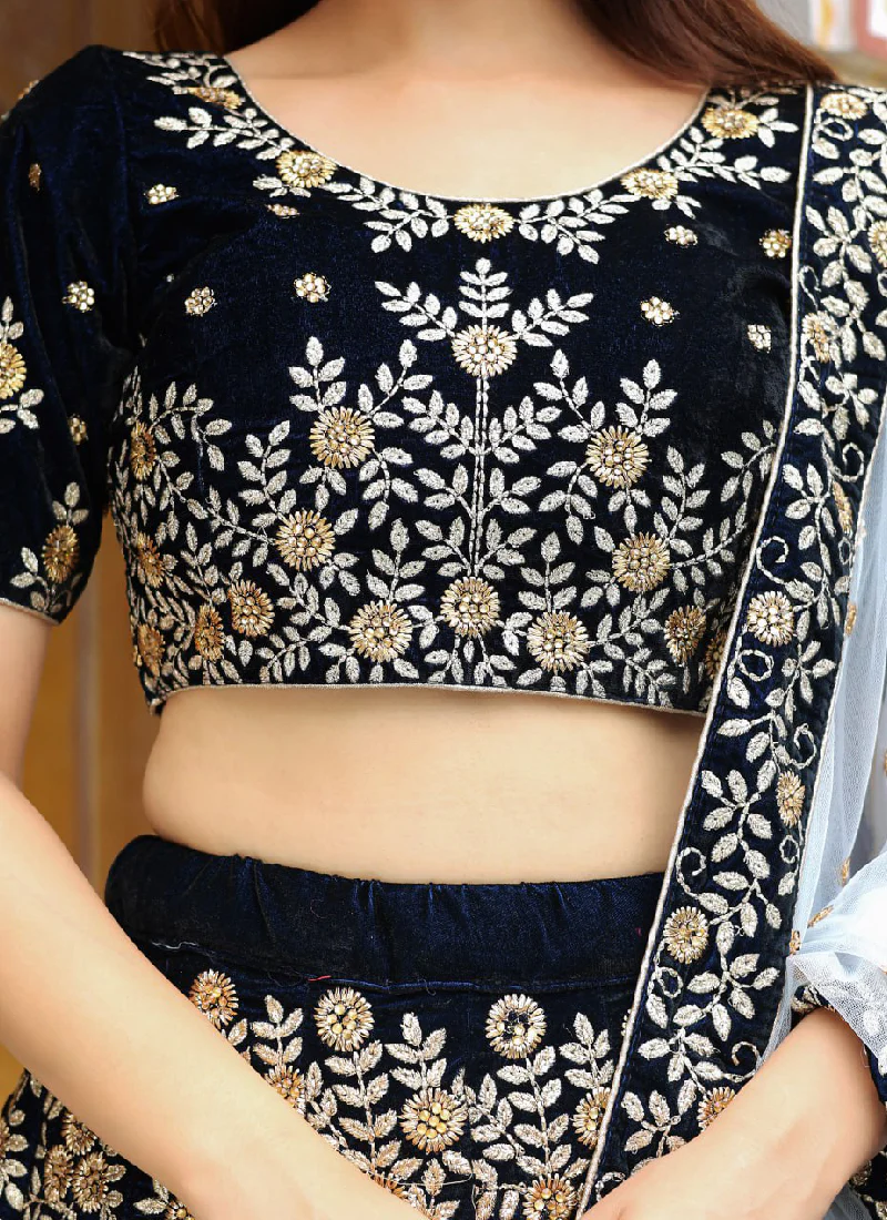 Fascinating Thread Embroidered Navy Blue Velvet Wedding Lehenga Choli - Image 7