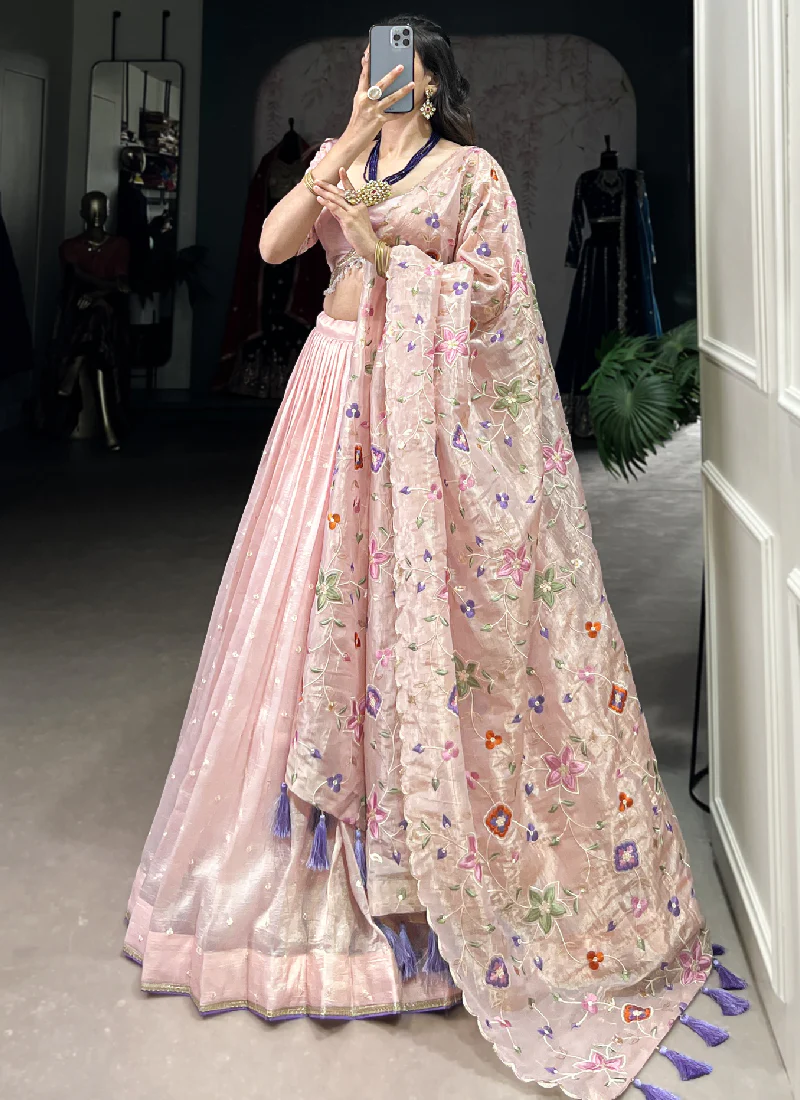 Fascinating Thread Embroidered Silk Light Pink Lehenga Choli - Image 4