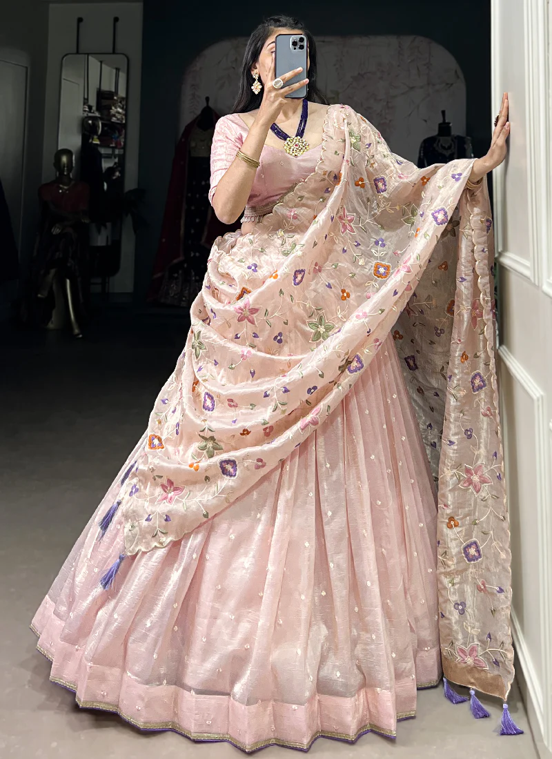 Fascinating Thread Embroidered Silk Light Pink Lehenga Choli - Image 5