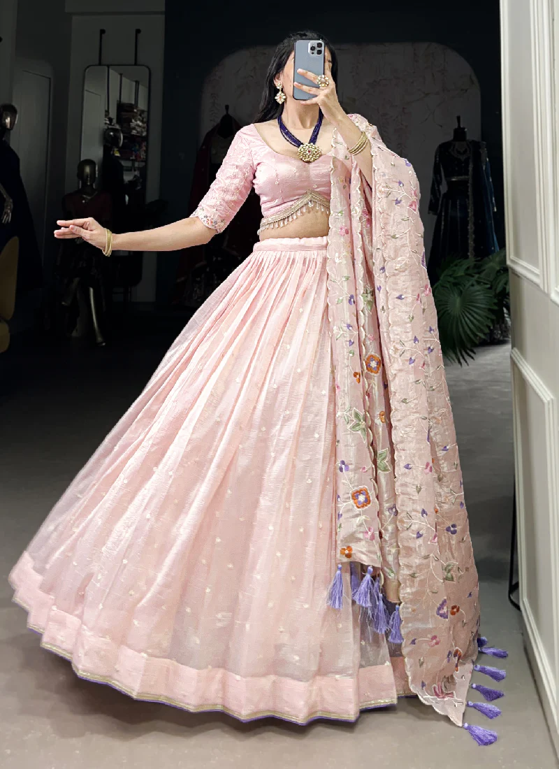 Fascinating Thread Embroidered Silk Light Pink Lehenga Choli - Image 6
