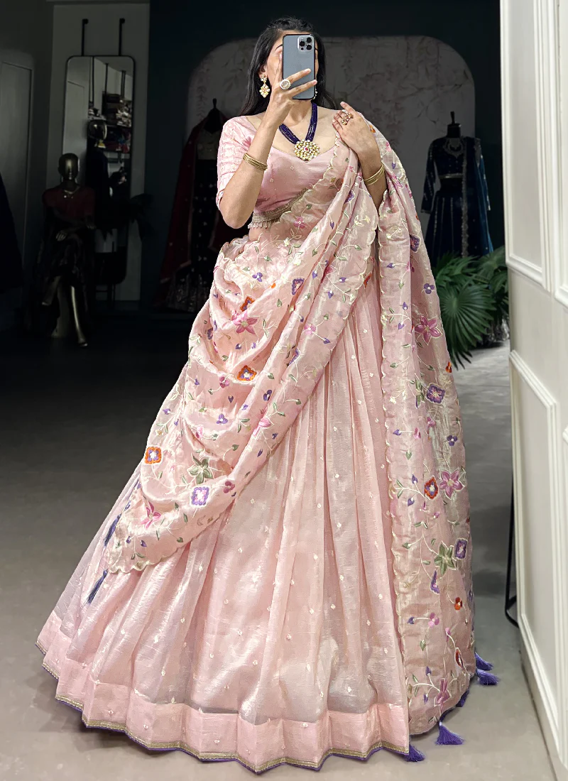 Fascinating Thread Embroidered Silk Light Pink Lehenga Choli - Image 7