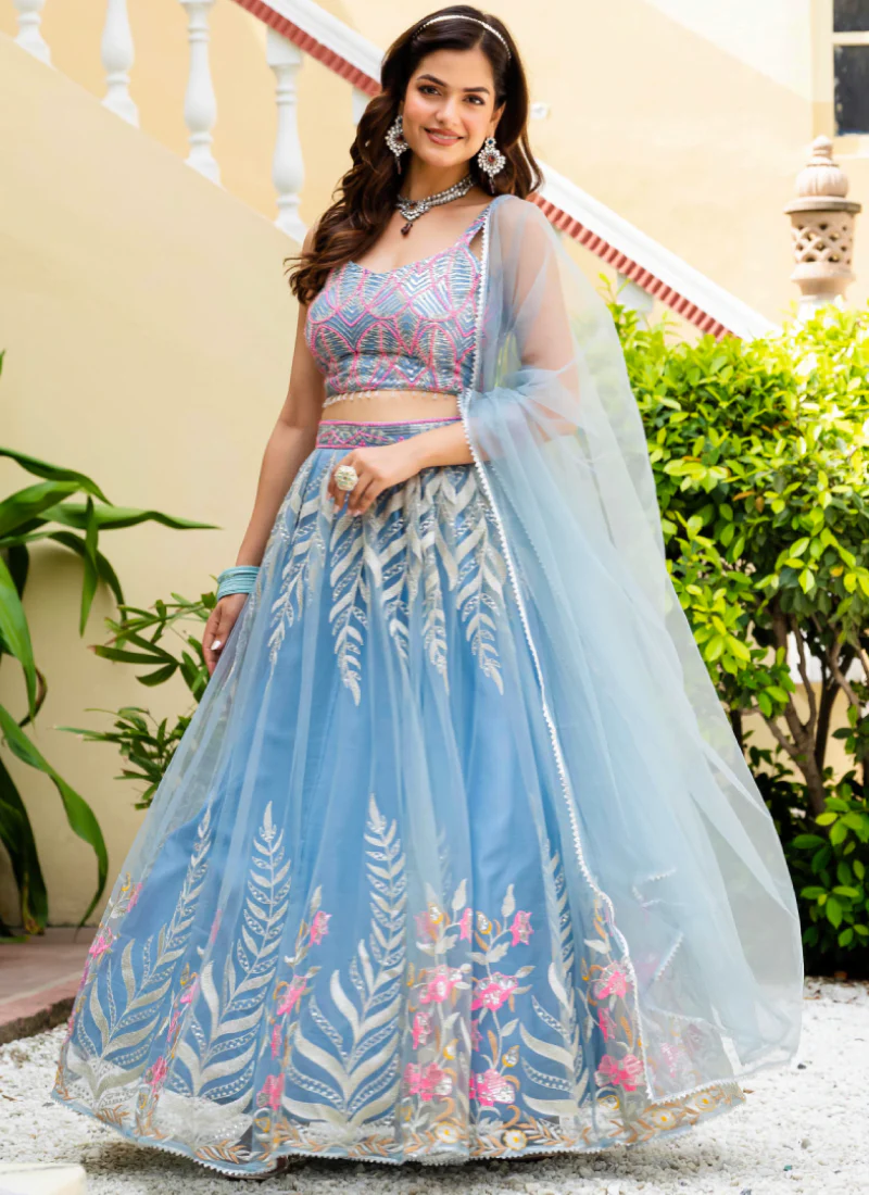 Fascinating Thread Work Sky Blue Reception Wear Net Lehenga Choli - Image 5
