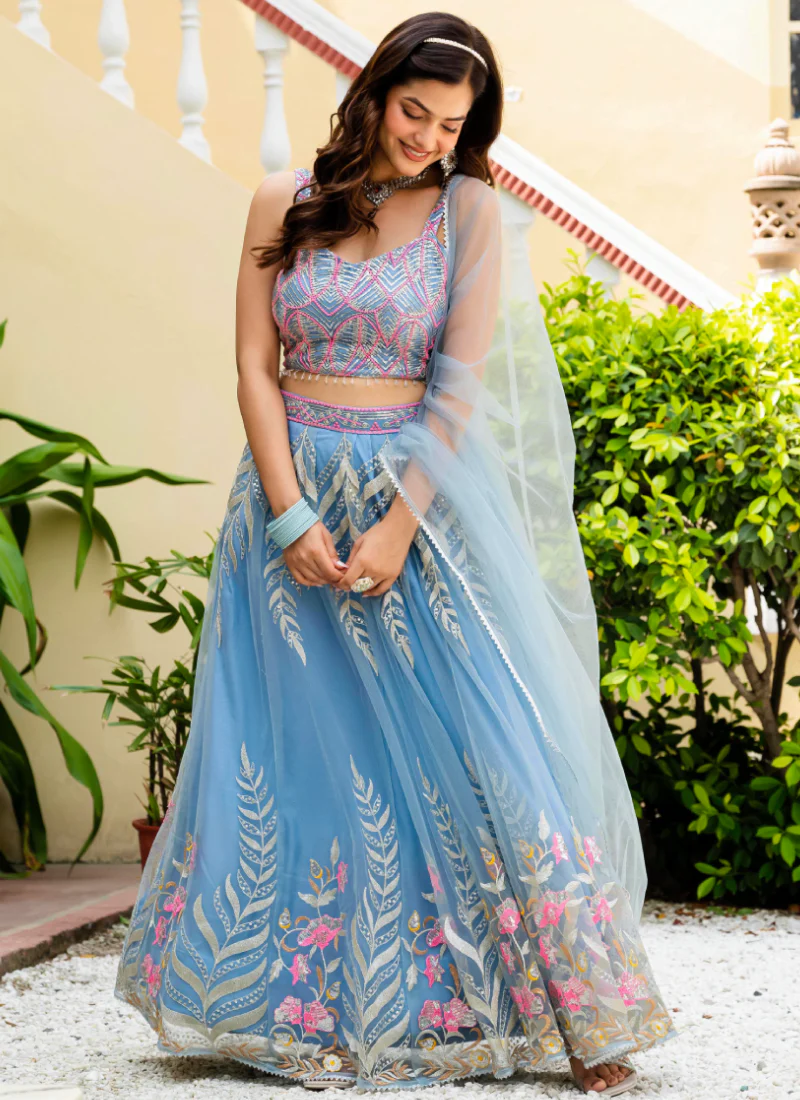 Fascinating Thread Work Sky Blue Reception Wear Net Lehenga Choli - Image 7