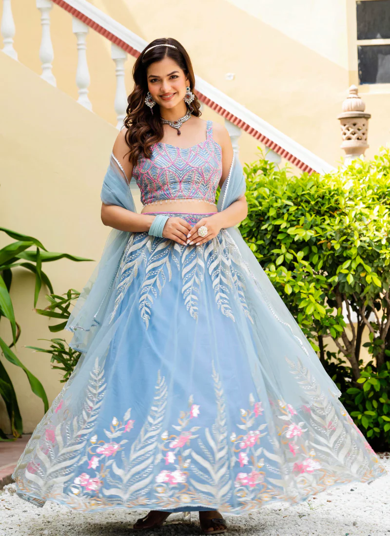 Fascinating Thread Work Sky Blue Reception Wear Net Lehenga Choli - Image 8