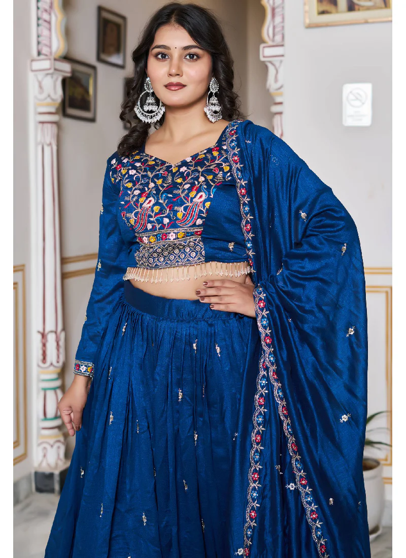 Fascinating Vichitra Silk Blue Bids Hand Work Heavy Lehenga Choli - Image 2