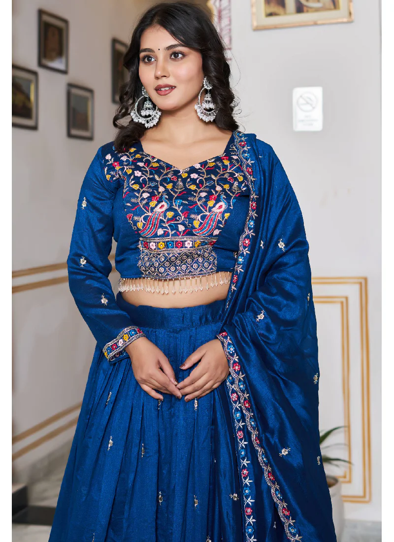 Fascinating Vichitra Silk Blue Bids Hand Work Heavy Lehenga Choli - Image 3