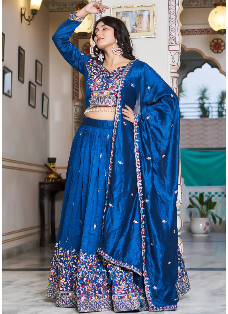 Fascinating Vichitra Silk Blue Bids Hand Work Heavy Lehenga Choli - Image 4