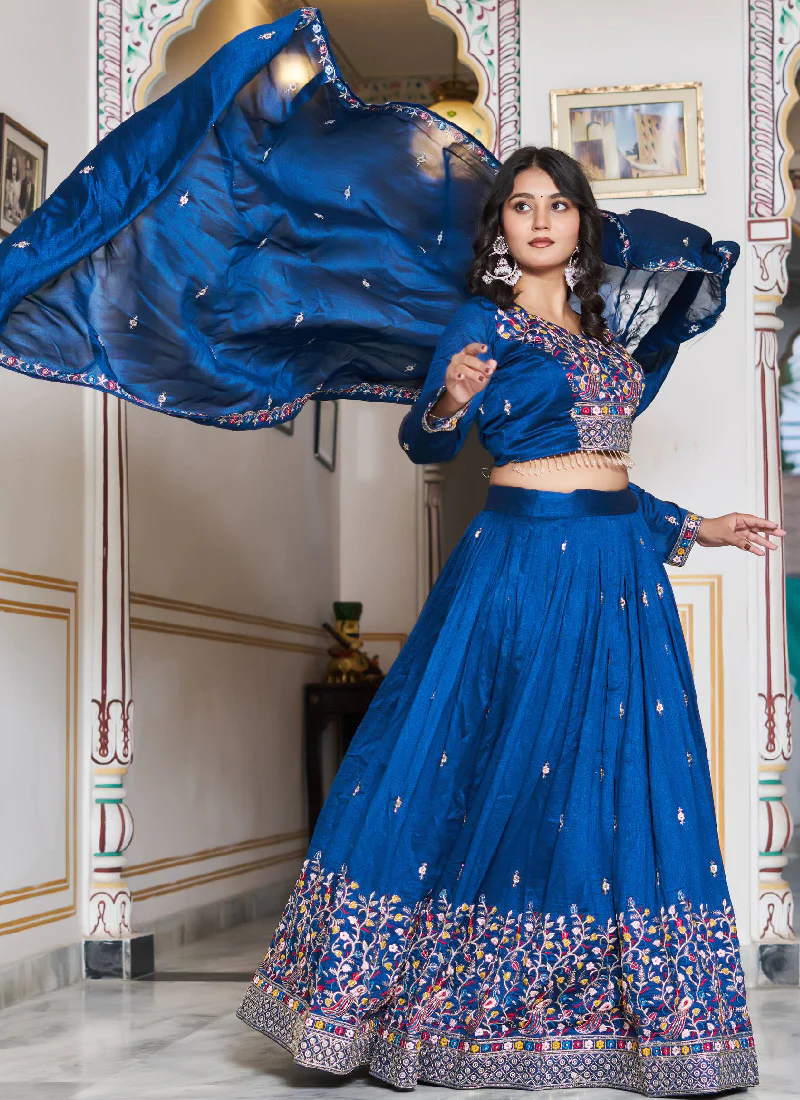Fascinating Vichitra Silk Blue Bids Hand Work Heavy Lehenga Choli - Image 5