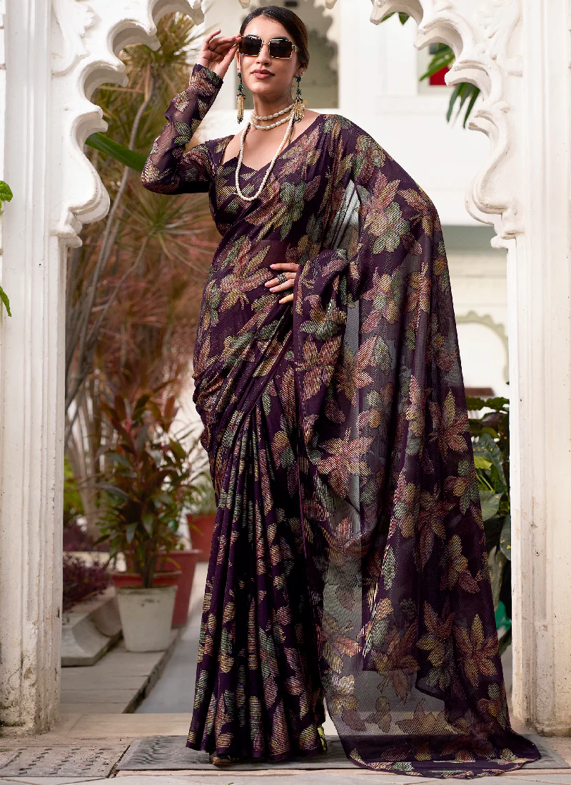 Fascinating Wine Viscose Brasso Floral Printed Saree With Blouse Set - Image 3