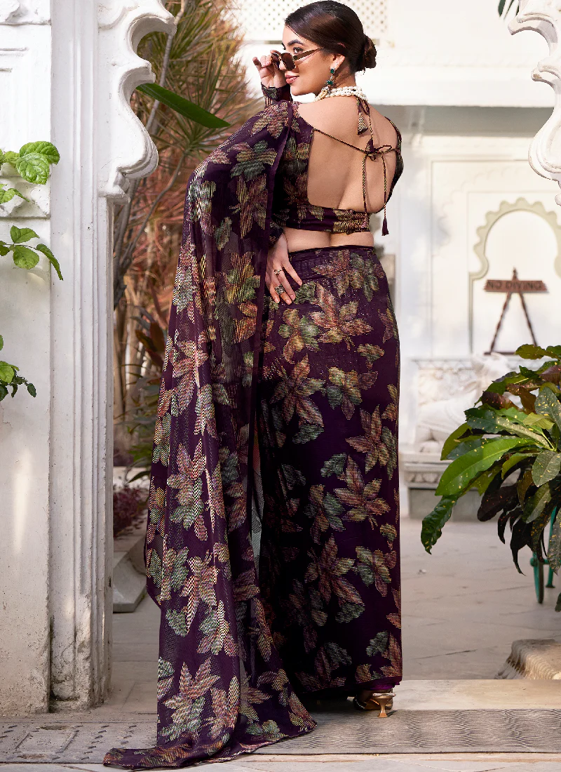 Fascinating Wine Viscose Brasso Floral Printed Saree With Blouse Set - Image 5