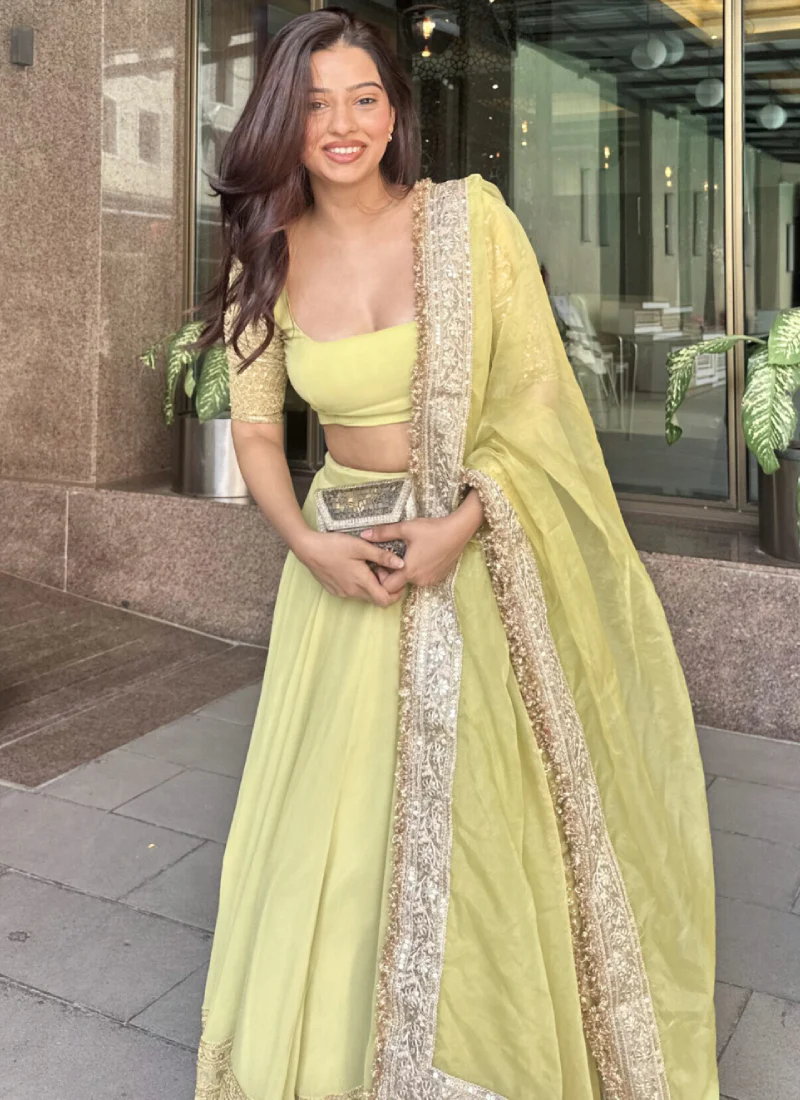 Fascinating Zari Embroidery Georgette Yellow Lehenga Choli For Haldi - Image 2