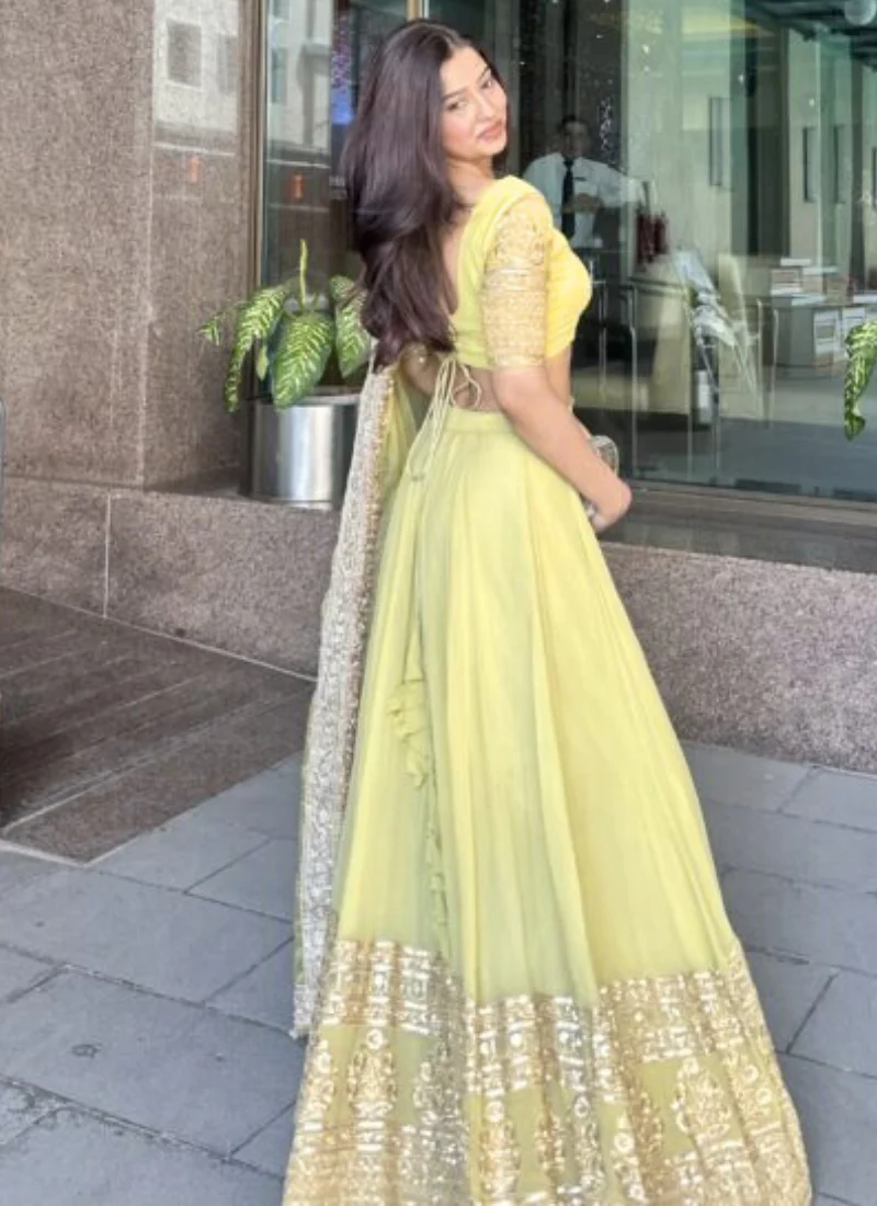 Fascinating Zari Embroidery Georgette Yellow Lehenga Choli For Haldi - Image 3