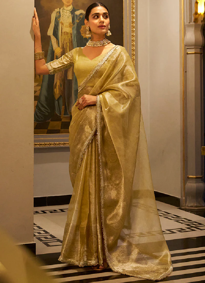 Fascinating Zari Weaving Tissue Silk Golden Casual Saree With Blouse - Image 3