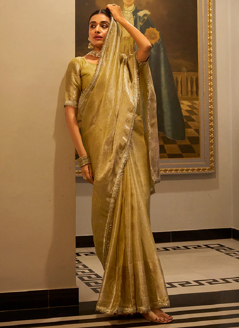 Fascinating Zari Weaving Tissue Silk Golden Casual Saree With Blouse - Image 4