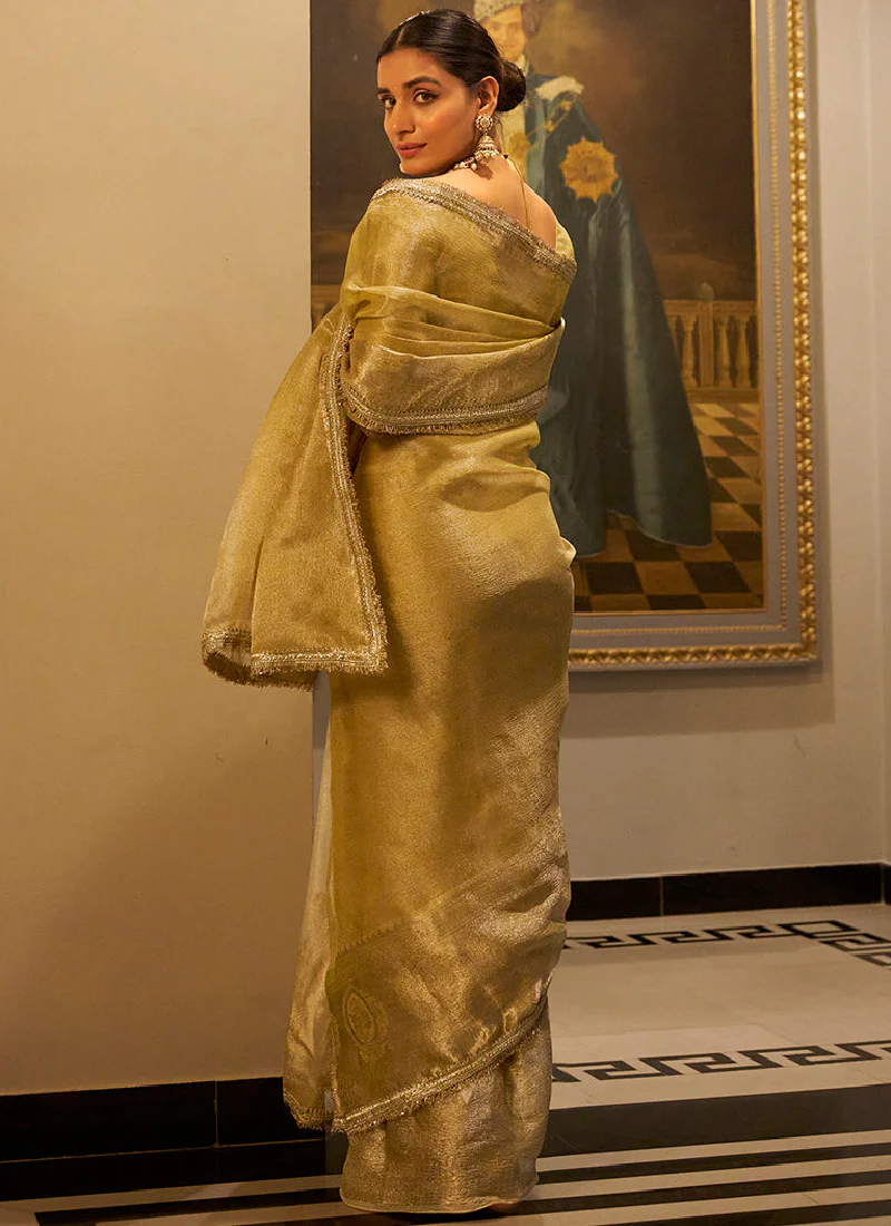 Fascinating Zari Weaving Tissue Silk Golden Casual Saree With Blouse - Image 5