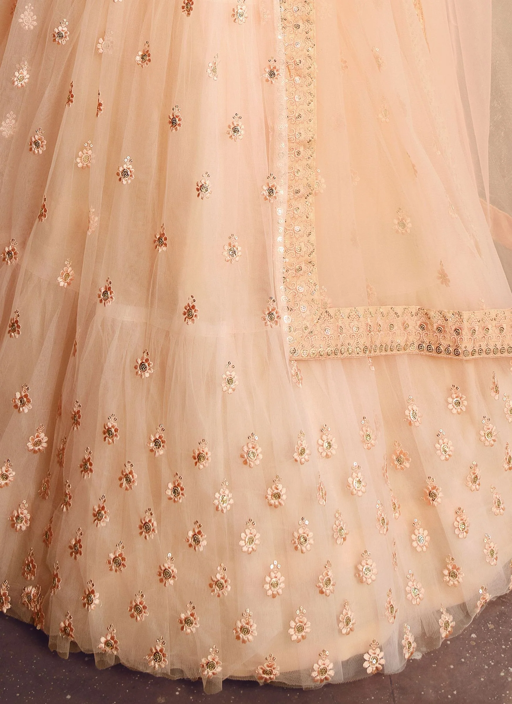 Designer Light Orange Viscose Thread Simple Net Lehenga Designs - Image 4