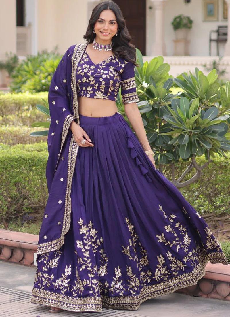 Fashionable Embroidered Vichitra Silk Purple Lehenga Choli With Dupatta