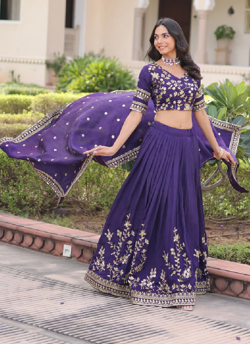 Fashionable Embroidered Vichitra Silk Purple Lehenga Choli With Dupatta - Image 10