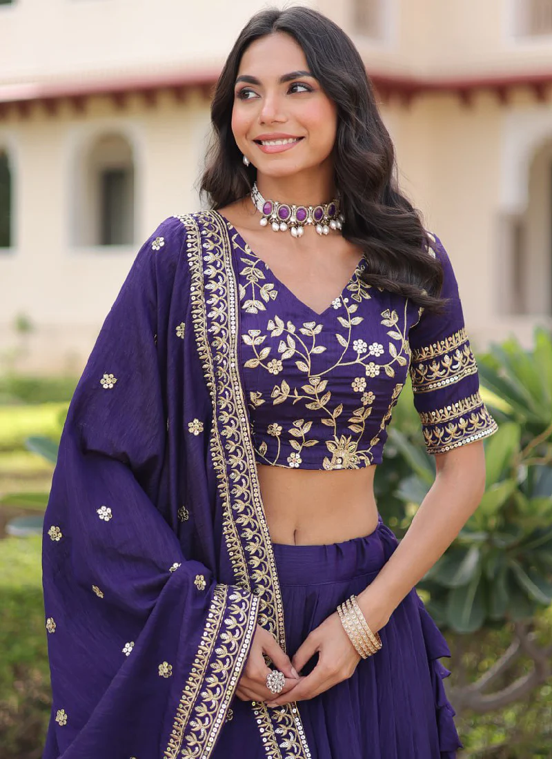 Fashionable Embroidered Vichitra Silk Purple Lehenga Choli With Dupatta - Image 2
