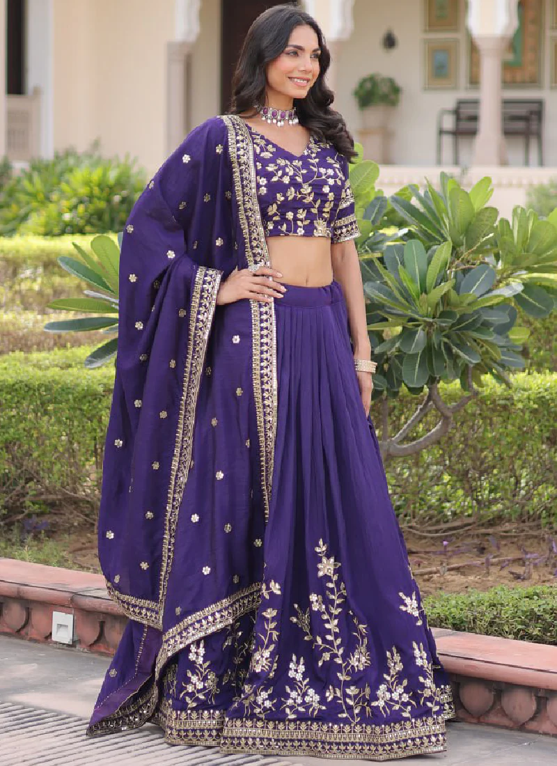 Fashionable Embroidered Vichitra Silk Purple Lehenga Choli With Dupatta - Image 4
