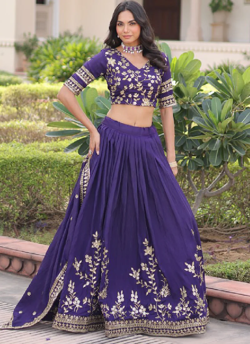 Fashionable Embroidered Vichitra Silk Purple Lehenga Choli With Dupatta - Image 5