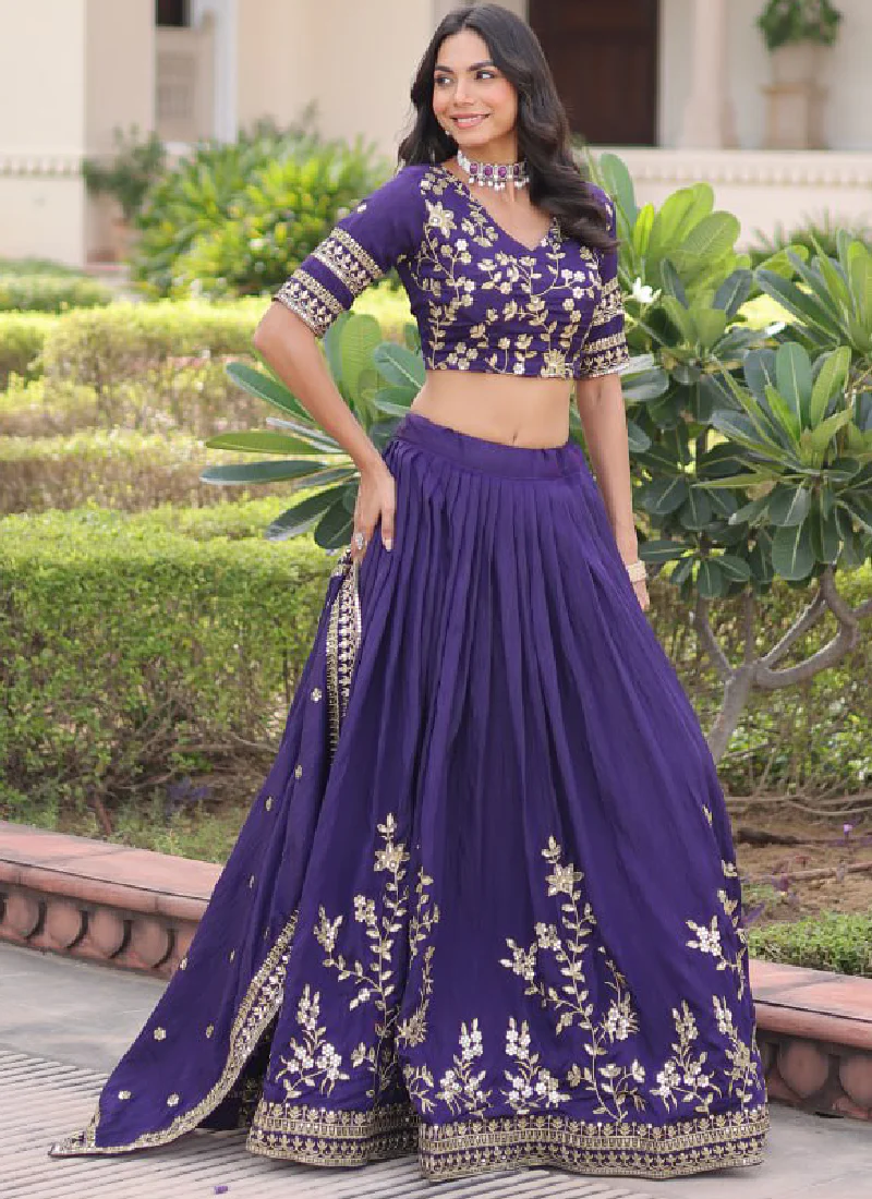 Fashionable Embroidered Vichitra Silk Purple Lehenga Choli With Dupatta - Image 6