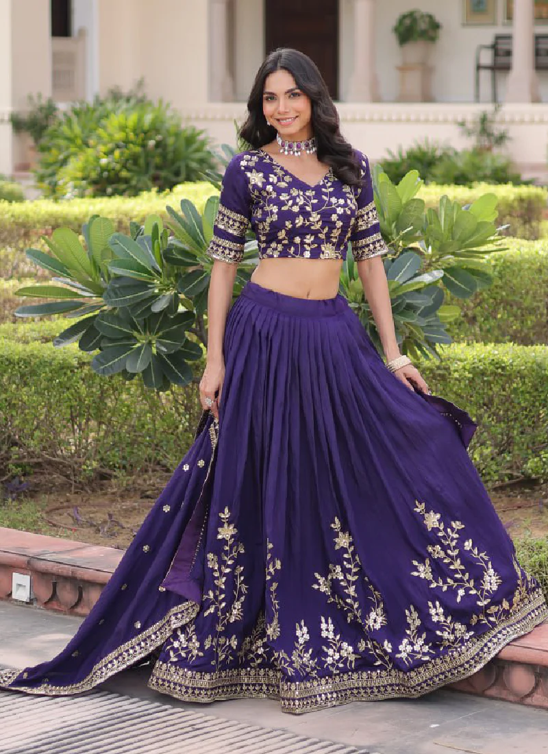 Fashionable Embroidered Vichitra Silk Purple Lehenga Choli With Dupatta - Image 7