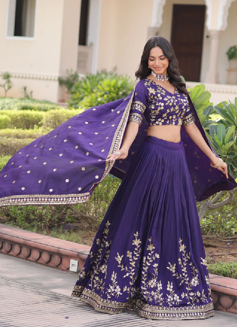 Fashionable Embroidered Vichitra Silk Purple Lehenga Choli With Dupatta - Image 9