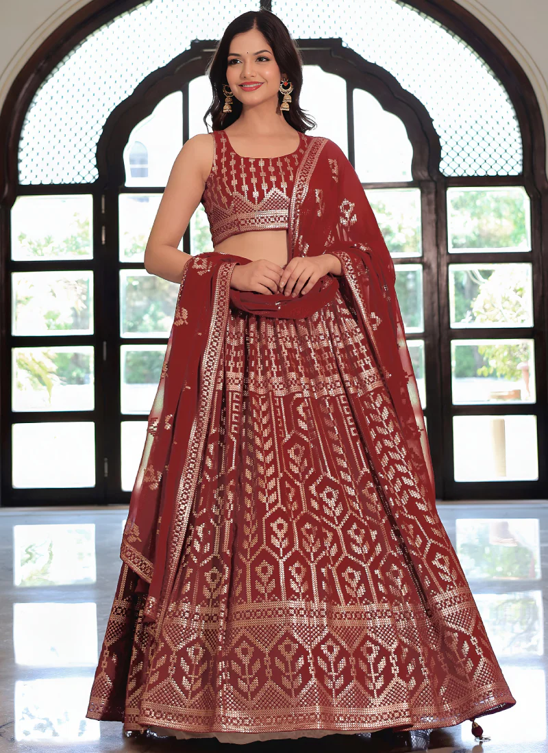 Fashionable Georgette Sequence Work Rich Looking Maroon Lehenga Choli