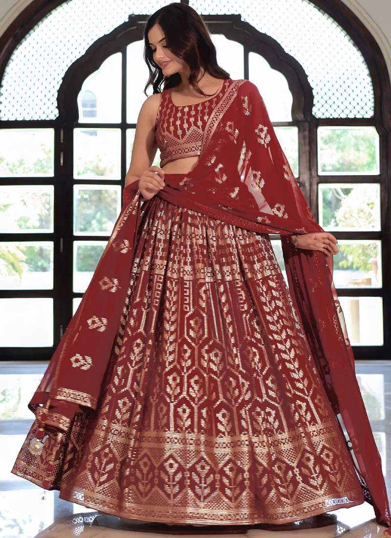 Fashionable Georgette Sequence Work Rich Looking Maroon Lehenga Choli - Image 4
