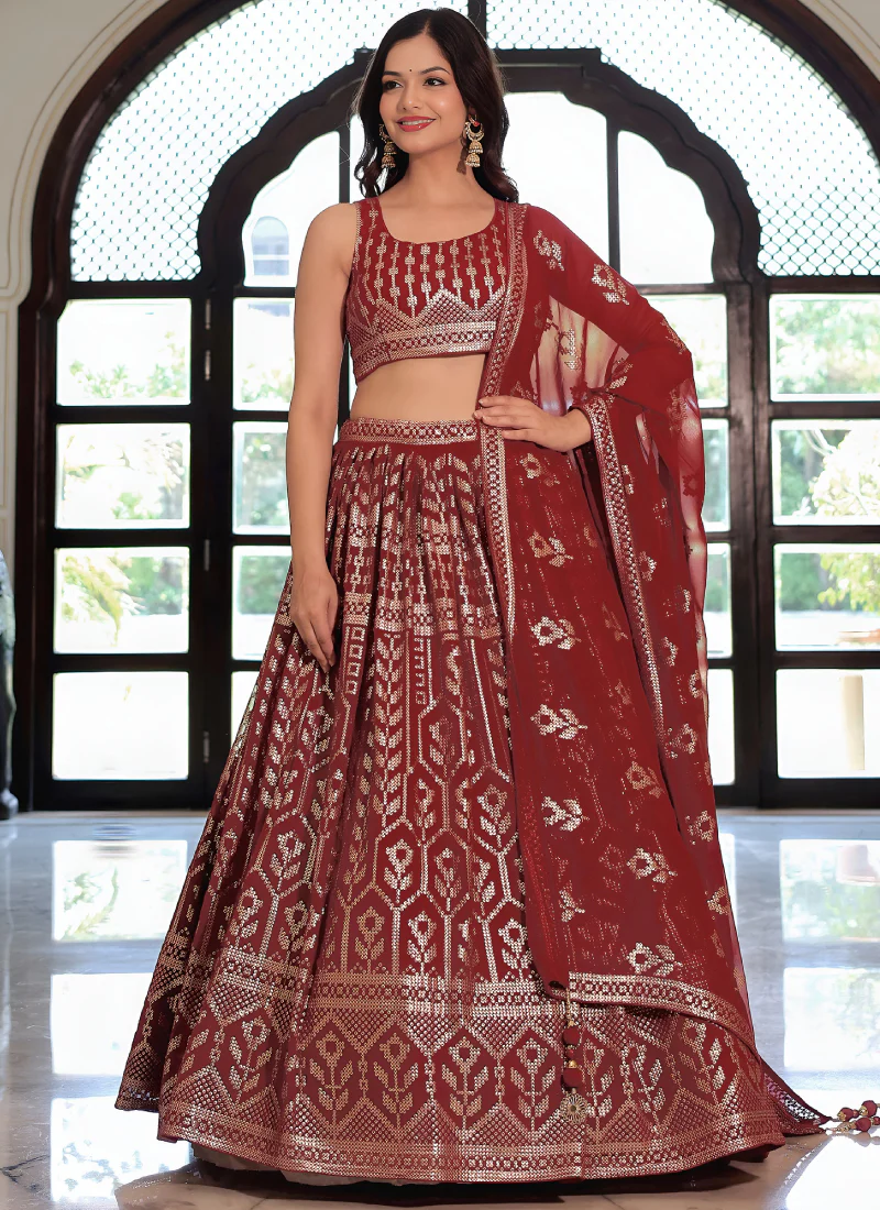 Fashionable Georgette Sequence Work Rich Looking Maroon Lehenga Choli - Image 5