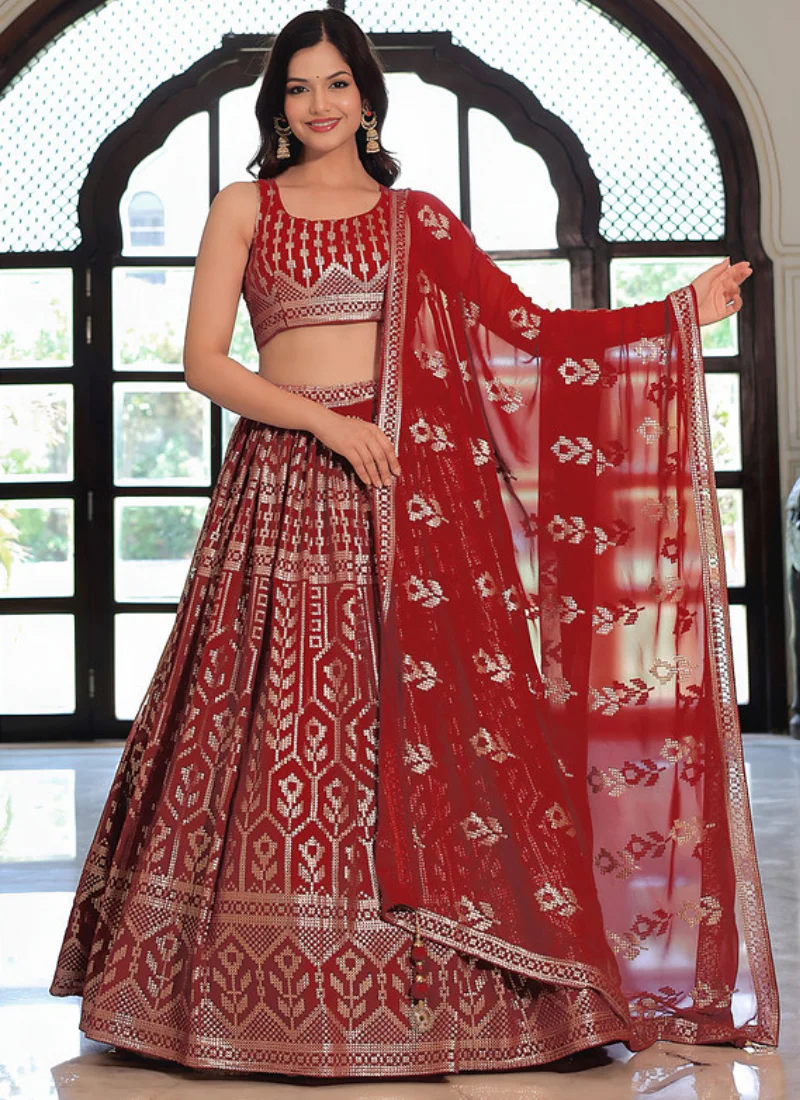 Fashionable Georgette Sequence Work Rich Looking Maroon Lehenga Choli - Image 6