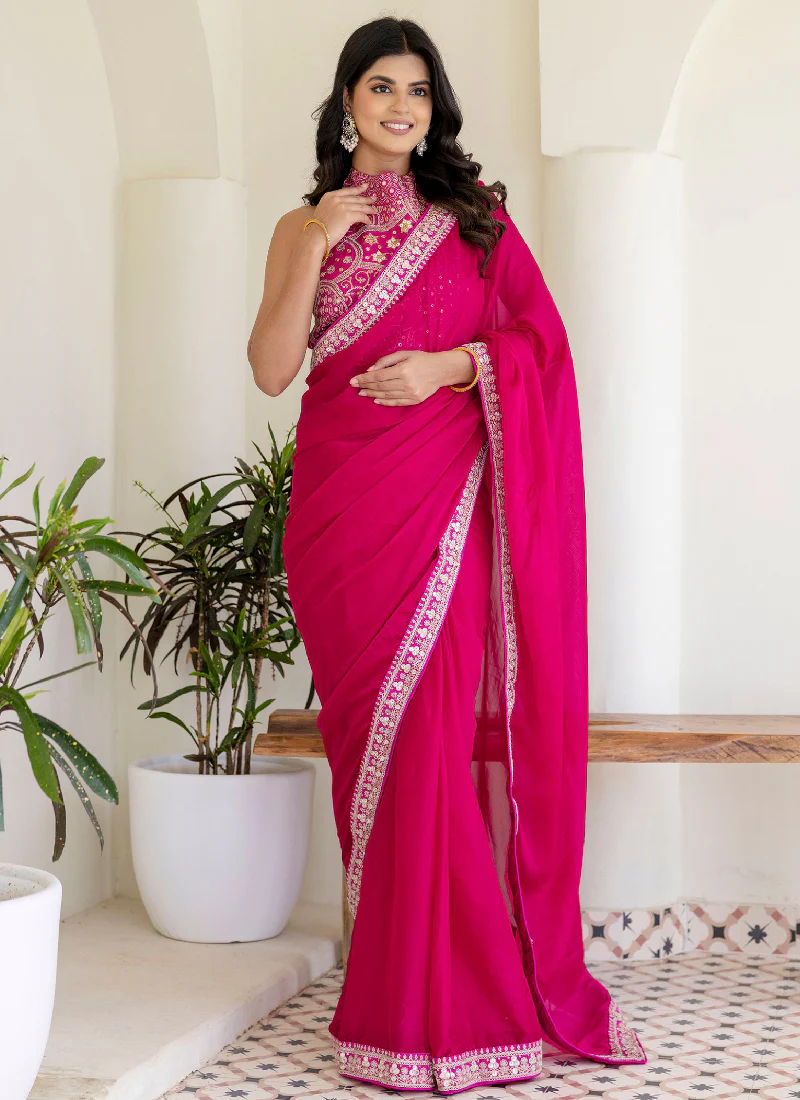 Fashionable Sequins Embroidered Rangoli Silk Party Wear Rani Pink Saree - Image 10