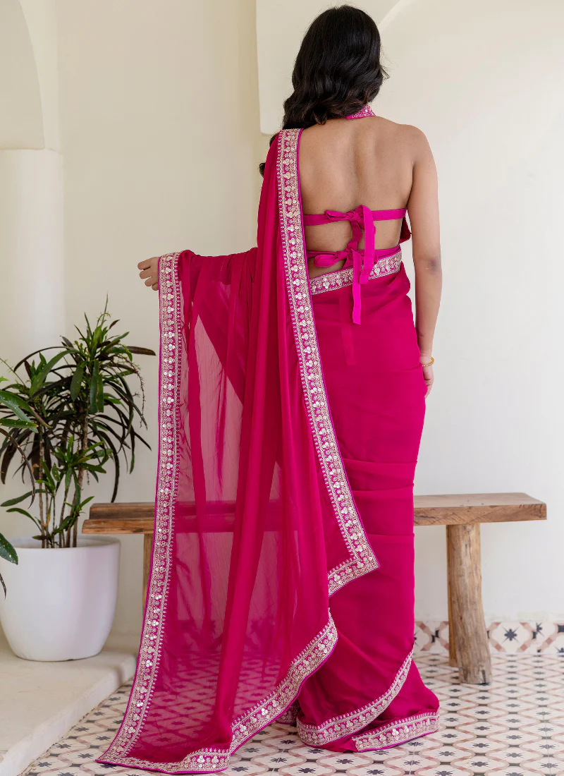 Fashionable Sequins Embroidered Rangoli Silk Party Wear Rani Pink Saree - Image 11