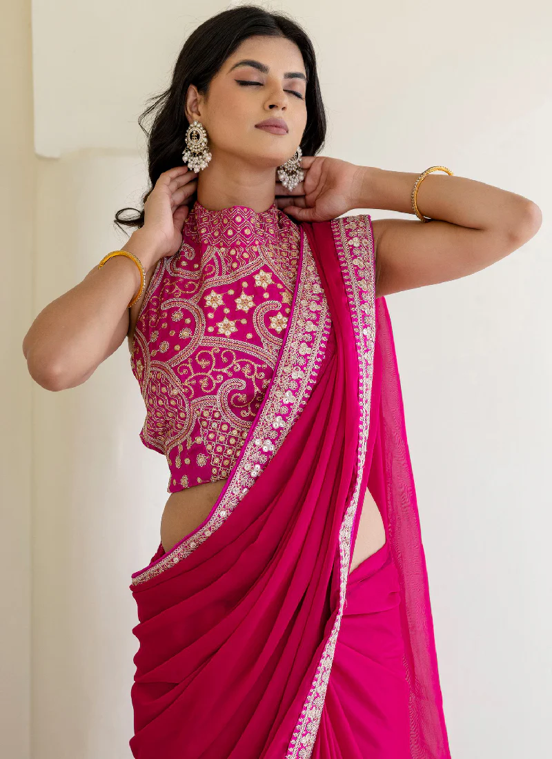 Fashionable Sequins Embroidered Rangoli Silk Party Wear Rani Pink Saree - Image 3
