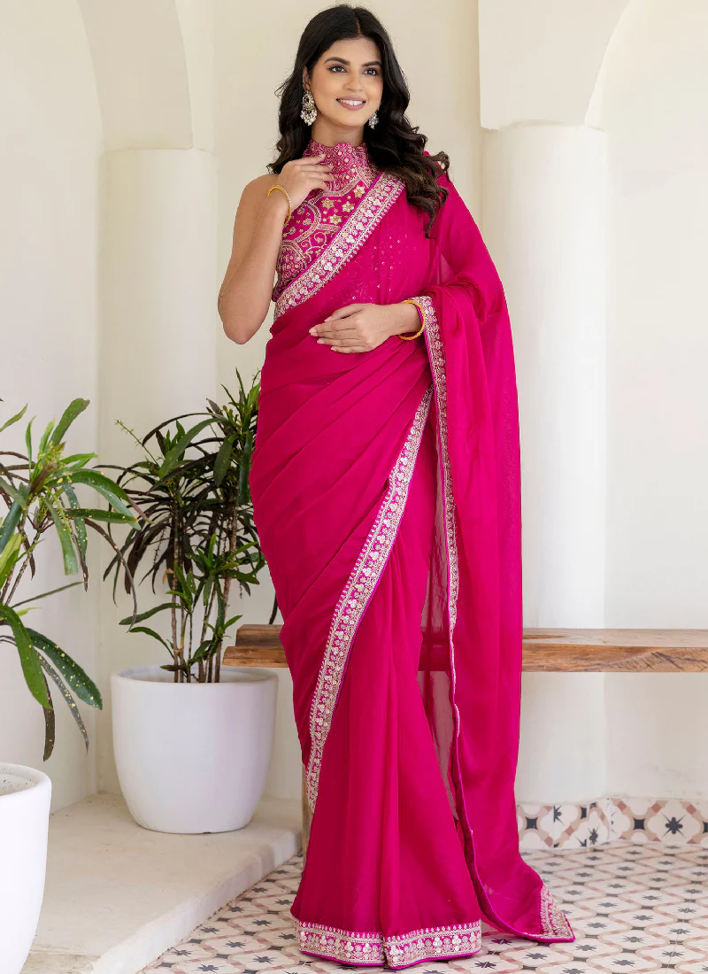 Fashionable Sequins Embroidered Rangoli Silk Party Wear Rani Pink Saree - Image 4