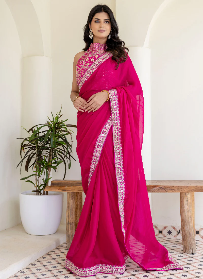 Fashionable Sequins Embroidered Rangoli Silk Party Wear Rani Pink Saree - Image 5