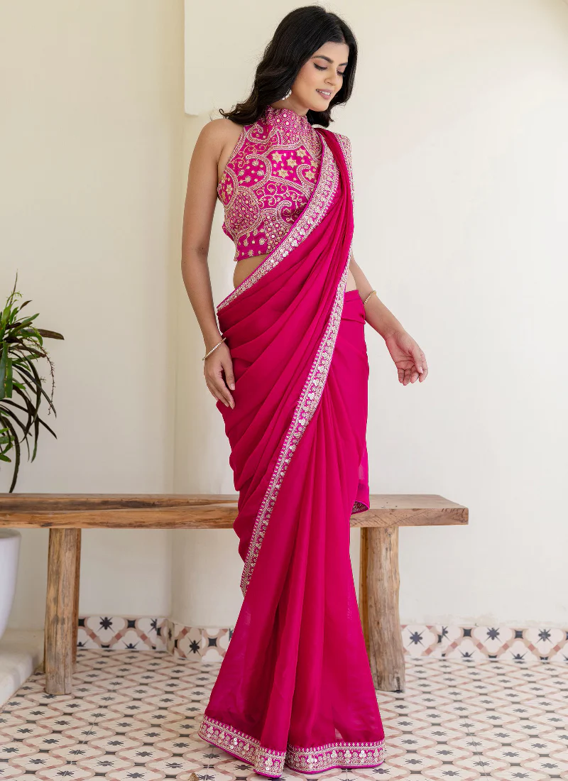 Fashionable Sequins Embroidered Rangoli Silk Party Wear Rani Pink Saree - Image 6