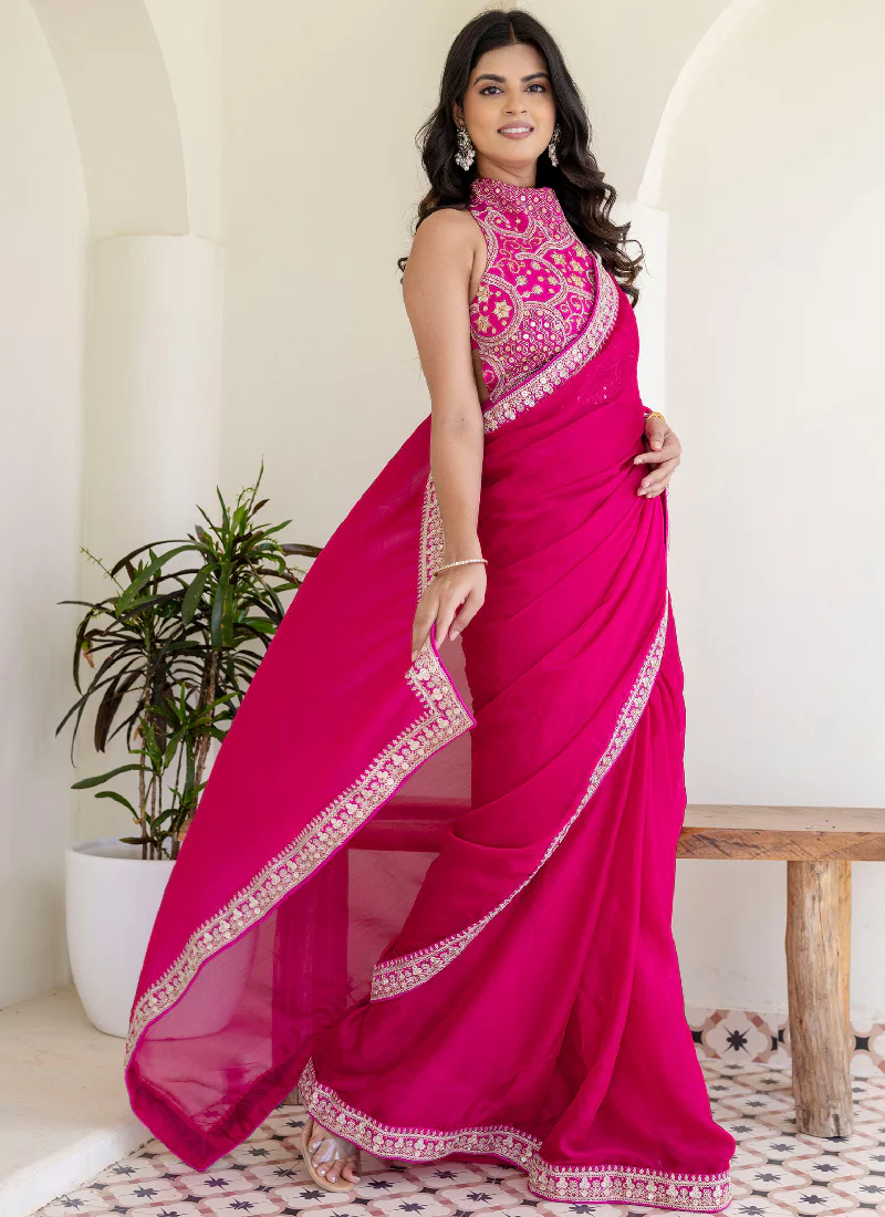 Fashionable Sequins Embroidered Rangoli Silk Party Wear Rani Pink Saree - Image 7