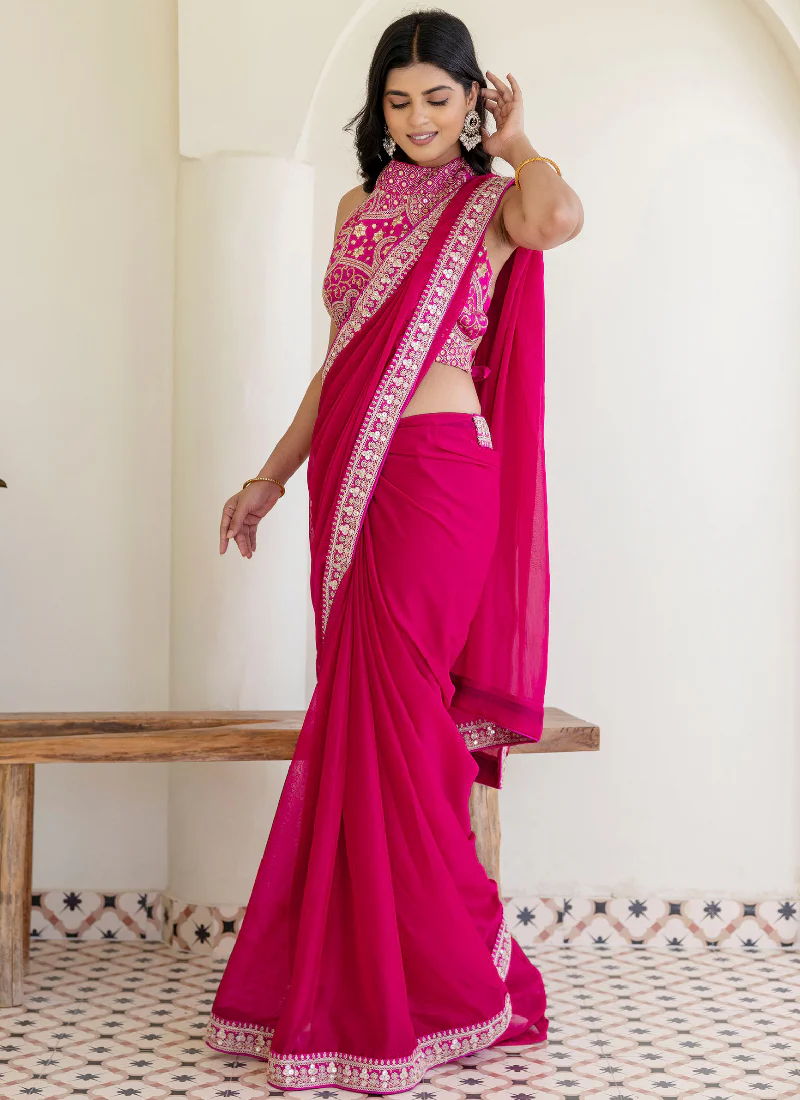 Fashionable Sequins Embroidered Rangoli Silk Party Wear Rani Pink Saree - Image 8