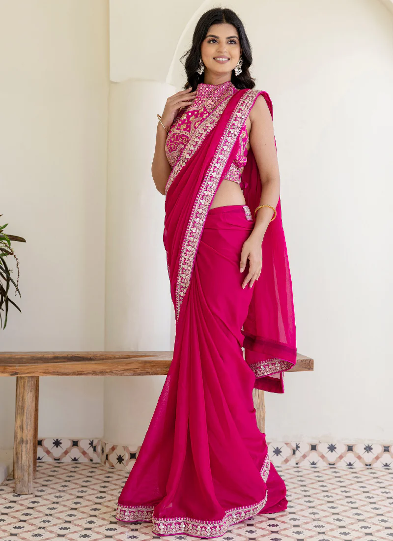Fashionable Sequins Embroidered Rangoli Silk Party Wear Rani Pink Saree - Image 9