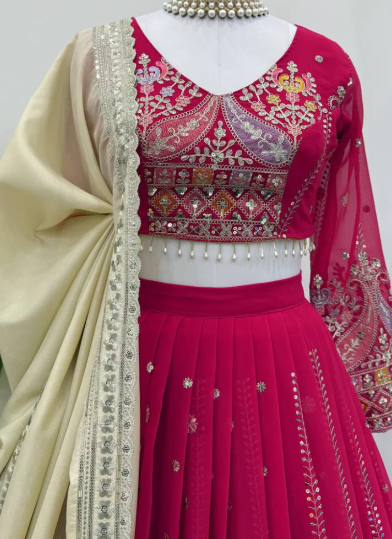 Faux Georgette Thread Embroidered Traditional Wear Red Lehenga Choli - Image 2