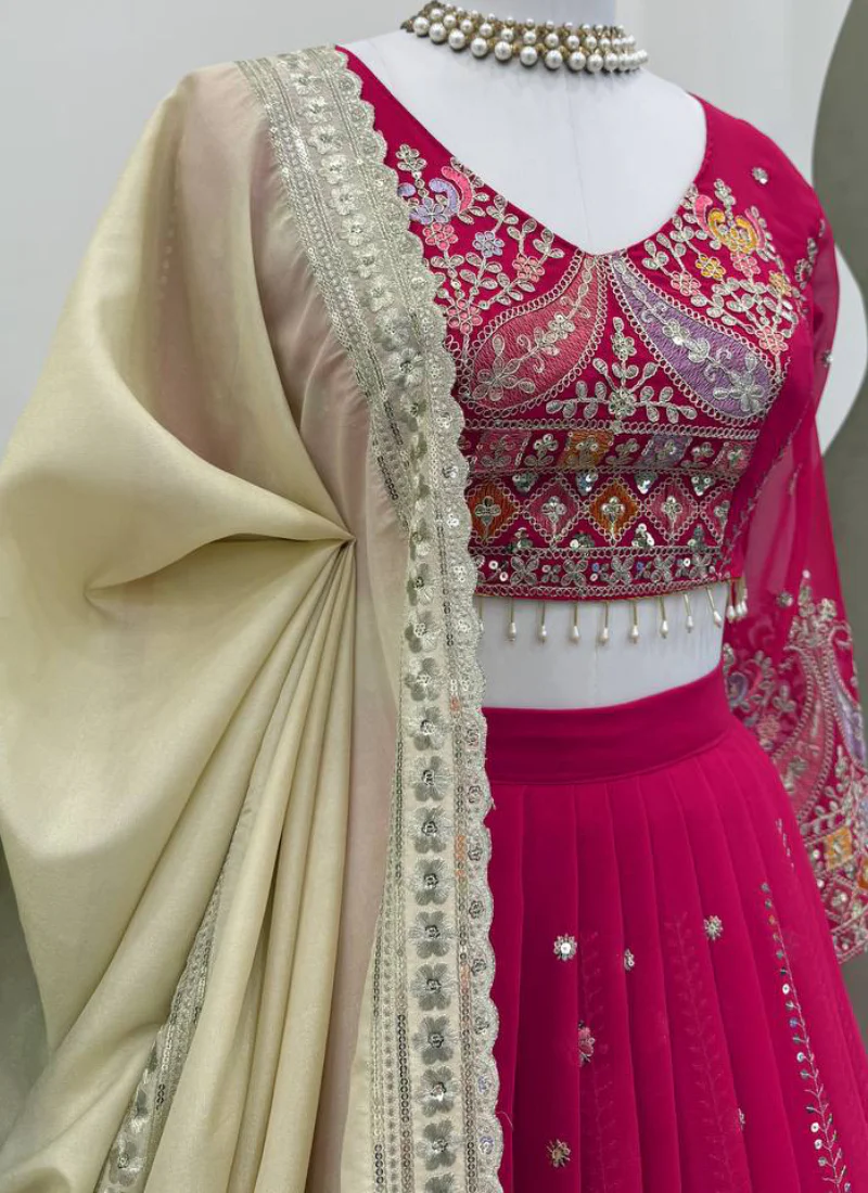 Faux Georgette Thread Embroidered Traditional Wear Red Lehenga Choli - Image 4