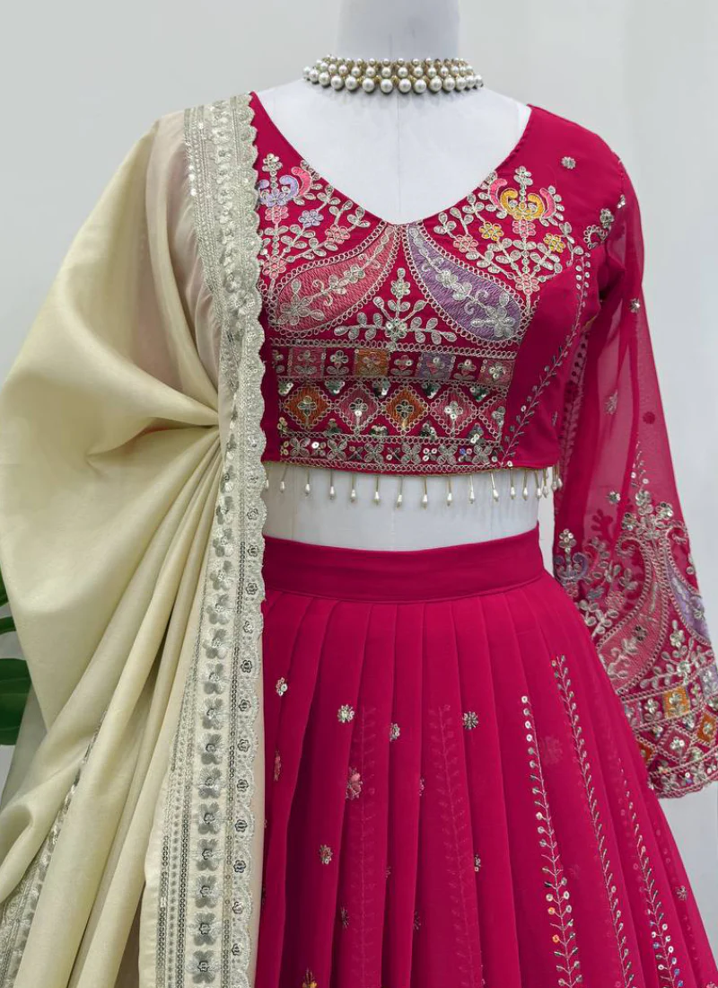 Faux Georgette Thread Embroidered Traditional Wear Red Lehenga Choli - Image 5