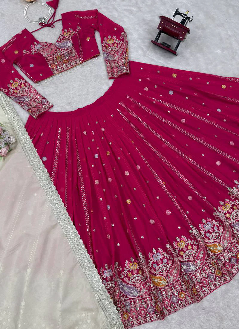 Faux Georgette Thread Embroidered Traditional Wear Red Lehenga Choli - Image 7