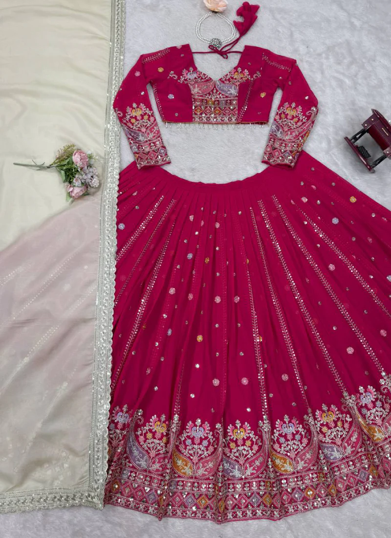 Faux Georgette Thread Embroidered Traditional Wear Red Lehenga Choli - Image 9
