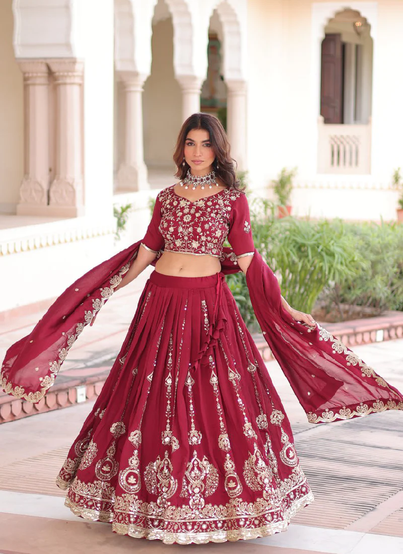 Favorable Embroidered Vichitra Silk Maroon Sangeet Wear Lehenga Choli - Image 10
