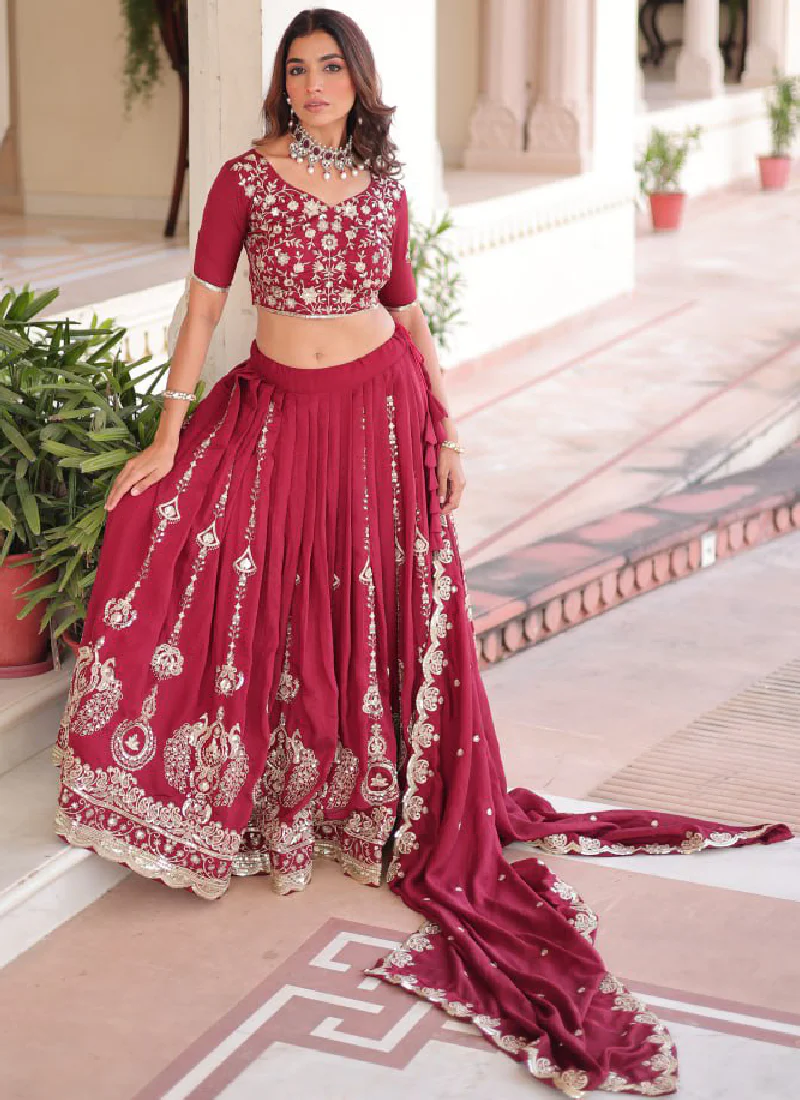 Favorable Embroidered Vichitra Silk Maroon Sangeet Wear Lehenga Choli - Image 11