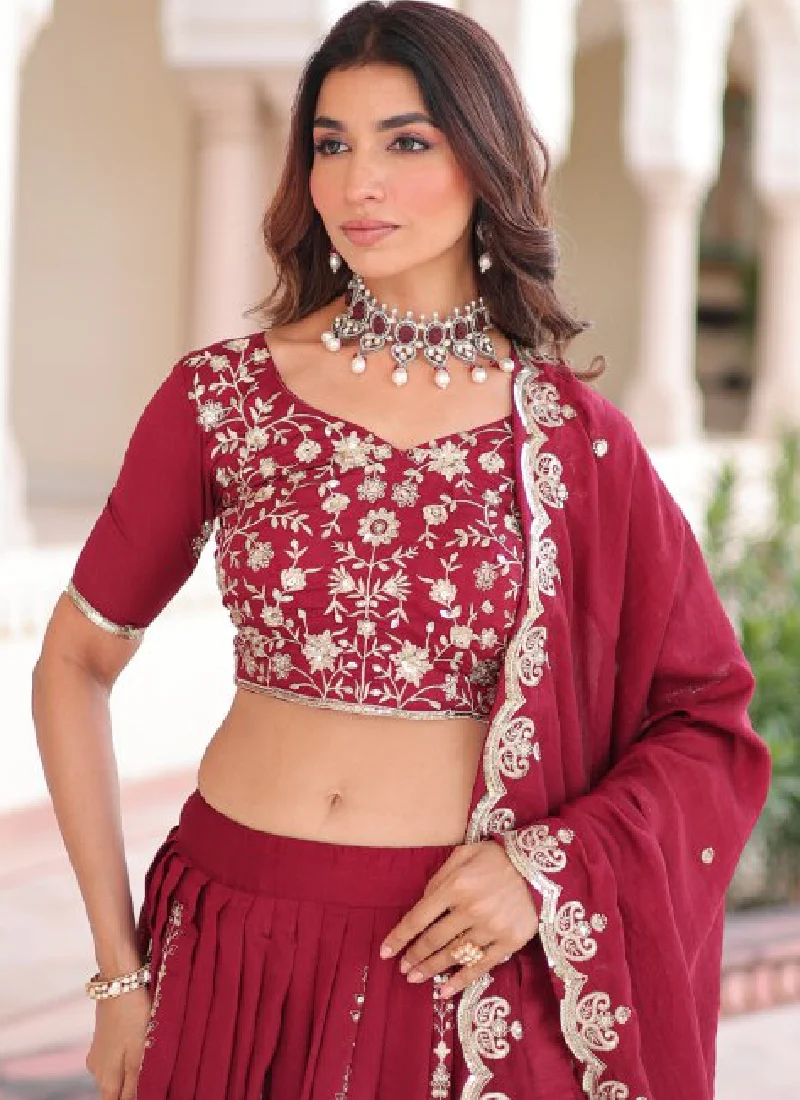 Favorable Embroidered Vichitra Silk Maroon Sangeet Wear Lehenga Choli - Image 2