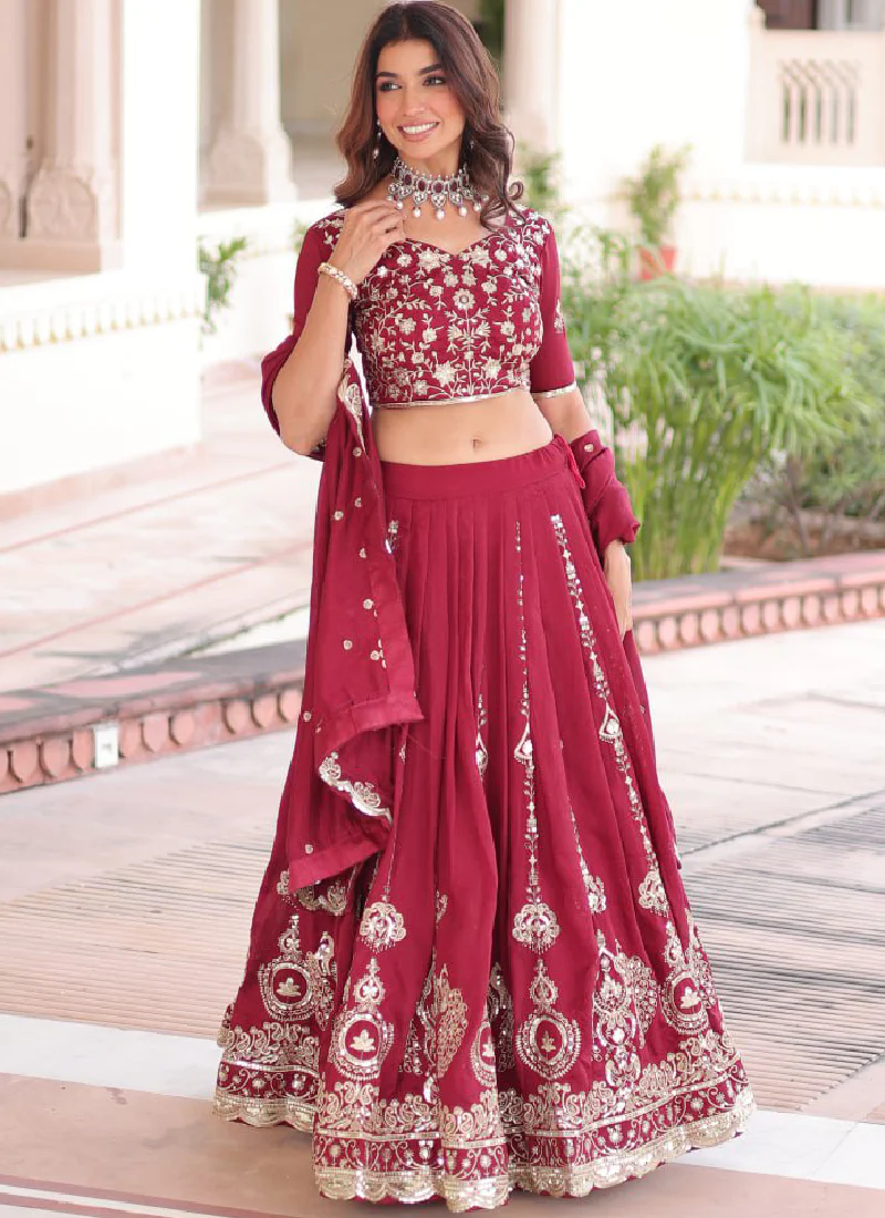 Favorable Embroidered Vichitra Silk Maroon Sangeet Wear Lehenga Choli - Image 4
